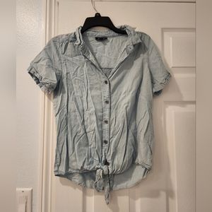 Blue Front Tie Button Down Blouse
